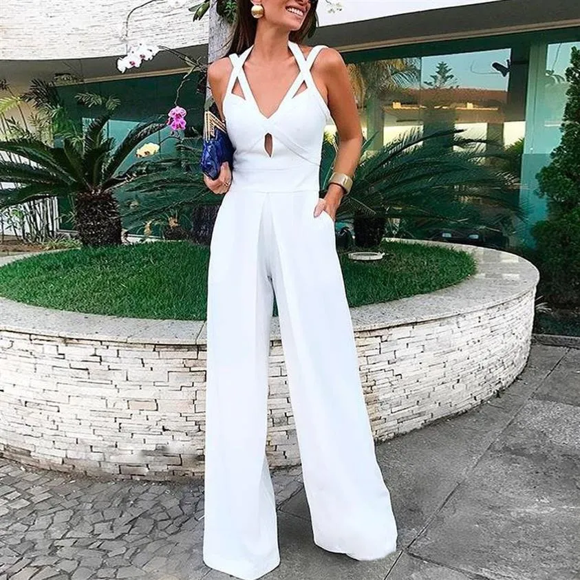 2018 neue Mode Sommer Frauen Weiß Overall Ausschnitt Kreuzmuster Bandage Breite Bein Jumpsuit335W
