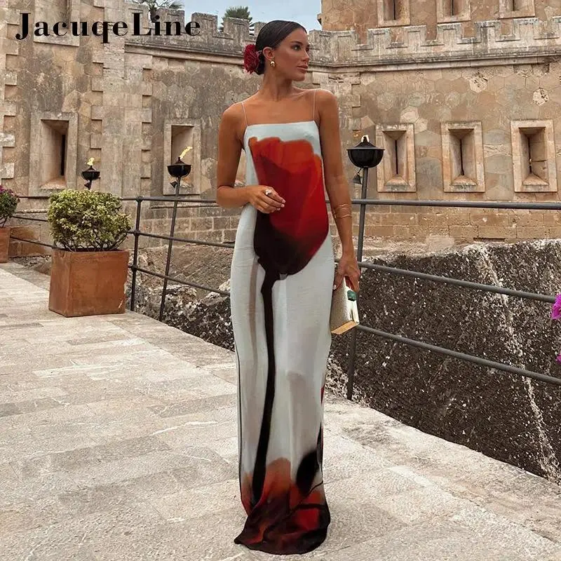 الفساتين غير الرسمية Jacuqeline Summer See من خلال السباغيتي حزام الأزهار الطباعة Maxi Dress Women Sexy Mesh Holiday Long Beach Party Formits