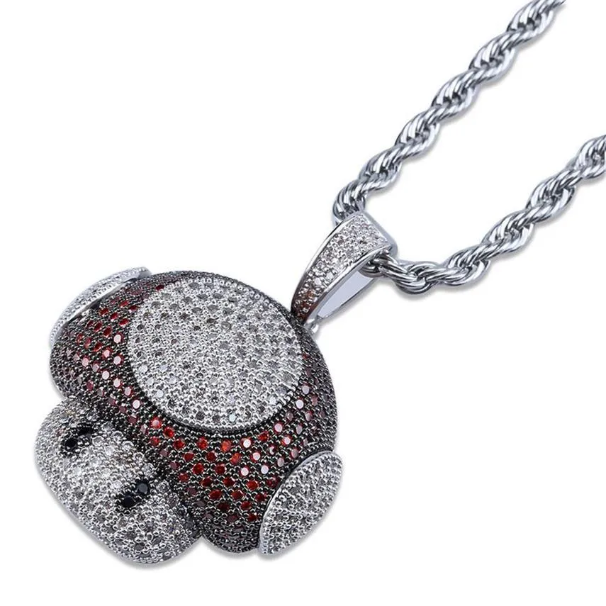 Collier avec pendentif champignon de dessin animé Hip Hop, pierre CZ glacée, cuivre, or, argent, plaqué avec chaîne de corde de 24 pouces, 181h