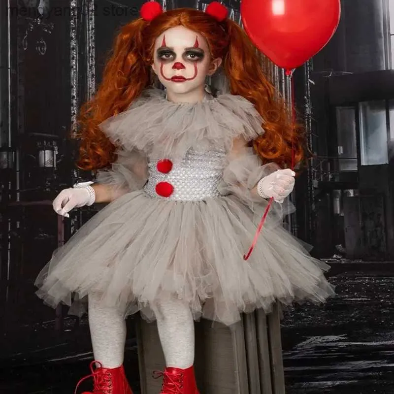 Thème Costume Film Filles Halloween Venez Robe Gris Clown Effrayant Enfants Carnaval Fête Cosplay Vêtements Enfants Tulle Fantaisie Cadeau Nouvel An T231013