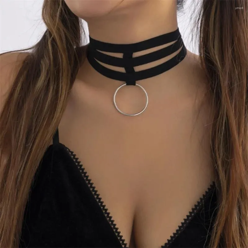 Hänghalsband punk choker halsband för kvinnor överdrivna cirkulära smycken charm multi-lagers elastiska band tillbehör mörk tjej