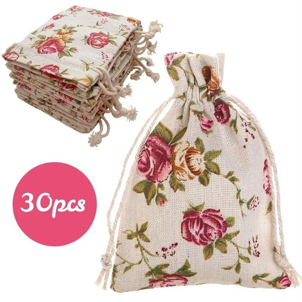 Sacos de serapilheira com padrão rosa com cordão de juta, bolsas para presentes, joias, projetos de artesanato, aniversário, natal, festa de casamento, 204v