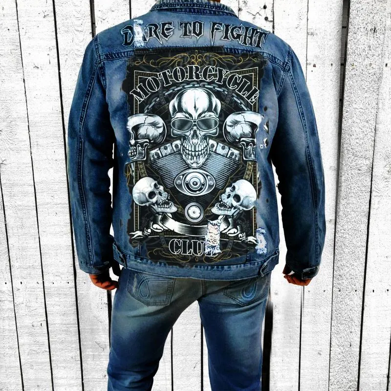 Giacche da uomo Giacca di jeans Autunno e inverno da uomo Vendita Street Retro Meccanico con motivo a teschio Stampa Foro da equitazione Moto