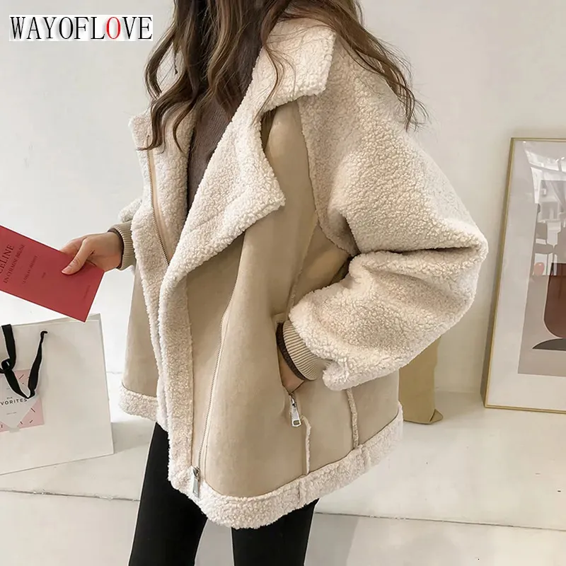 Kvinnorjackor Wayoflove Winter Sheep Wool Coat Woman Warm Long Sleeve Zipper Pocket Jacket Fashion Läder Motorcykelrockar 231012