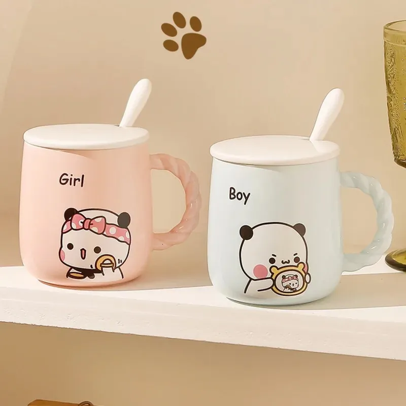 Tazze Cartoon Cute Yier Bubu Dudu Ceramica Mitao Panda con coperchio Cucchiai Caffè Latte Tazza di acqua Kawaii Bicchieri Regalo di compleanno 231013