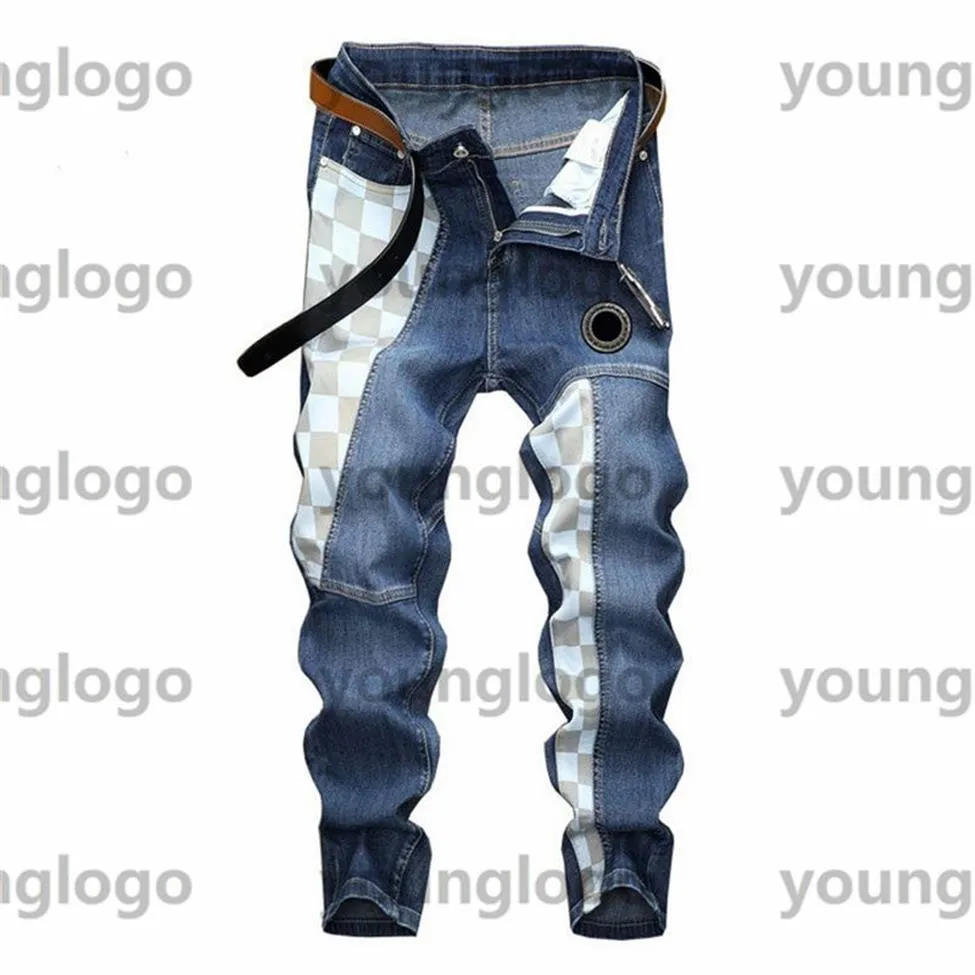 Calças de brim dos homens da xadrez selvagem angustiado rasgado calças de motociclista fino ajuste motocicleta denim calça de alta qualidade hipster designer jeans tamanho 28-38220r