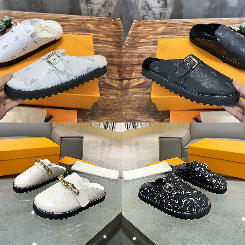 Designer Sapatos Casuais Confortável Conforto Clog Mules Mulheres Homens Flat Fur Couro Mule Selo Chinelos Moda Inverno Ao Ar Livre Quente Pelúcia Slides Alça Ajustável Tamanho 35-45