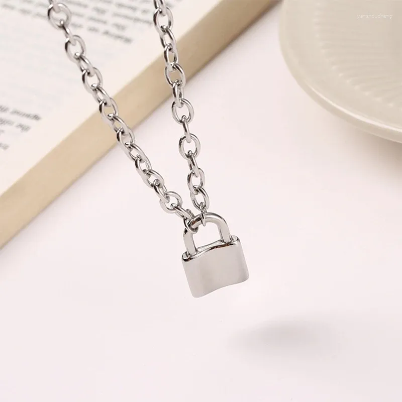 Pendant Necklaces Alloy Silver Color Pad Lock Long Necklace Brand Rolo Cable Chain Women Collar Jewelry Choker