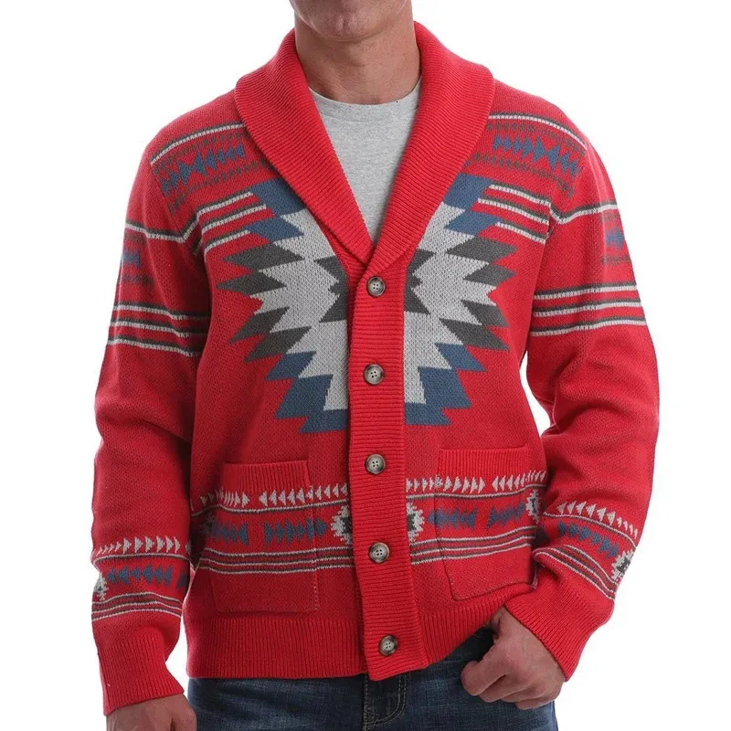 Мужские свитера Европейские и американские осенне-зимние красные свитера с принтом в стиле ретро Мужской однобортный кардиган Свитер Карманная куртка 231012