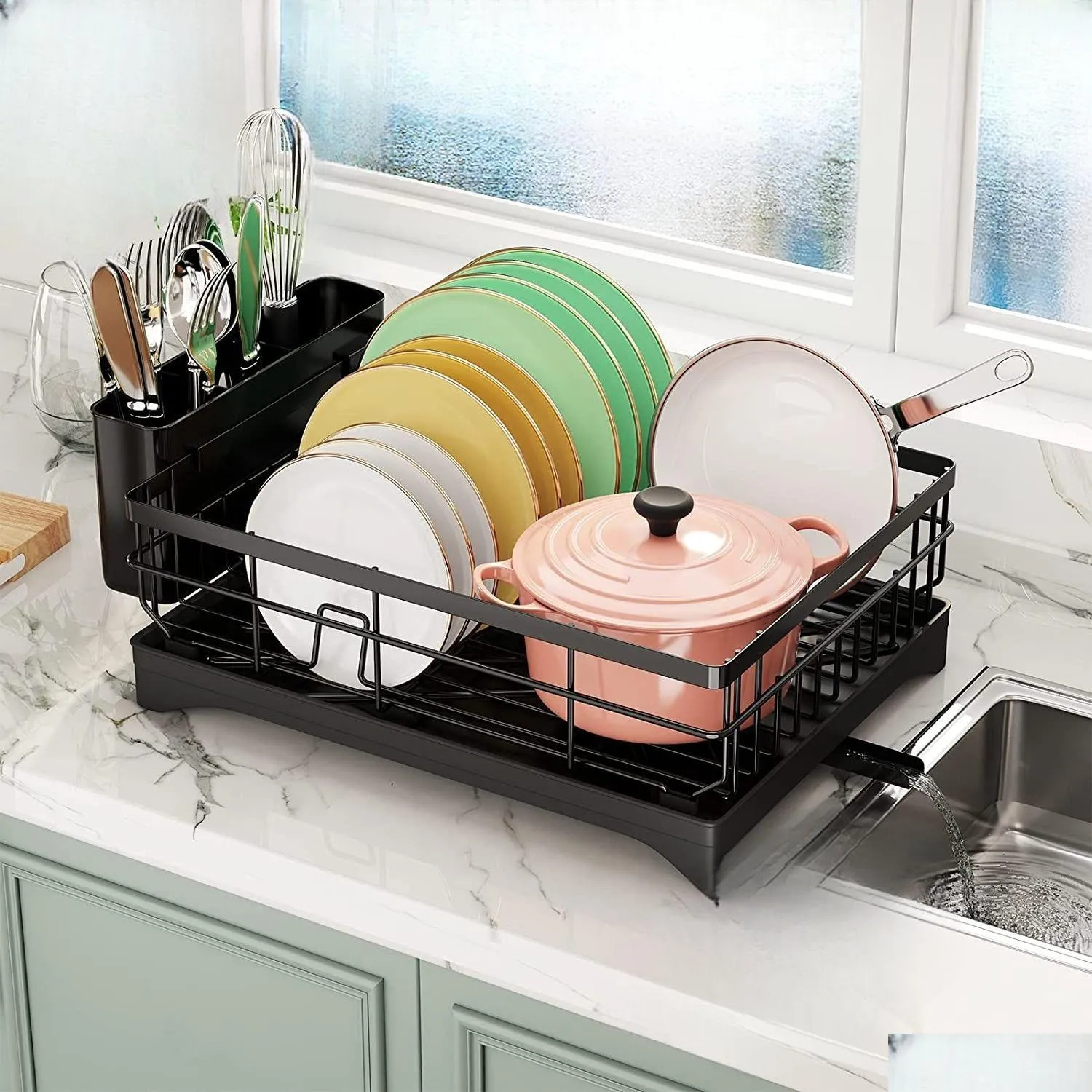 Dish Racks Table Top With Water Receiving Tray Chopsticks Tube Rack Cup Kitchen Sink Single Layer Double Bowl And Dish Drainage Home G Ot5Lu