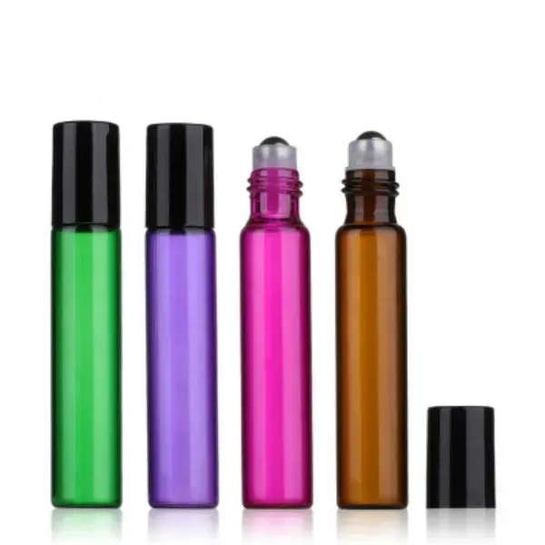 10ml Empty Glass Roll On Bottle Blue Red Green Amber Clear Roller Container for Essential Oil, Aromatherapy, Perfumes and Lip