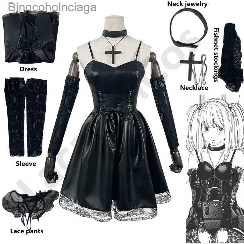 Tema Traje Death Note Cosplay Venha Misa Amane Imitação de Couro Sexy Vestido + Jóias de Pescoço + Meias + Colar Uniforme Outfit Halloween WigL231013