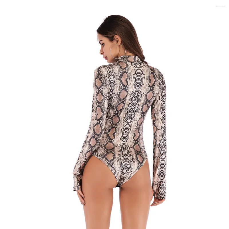 Modeladores femininos femininos manga comprida estampa de pele de cobra macacão bodysuit collant (M)