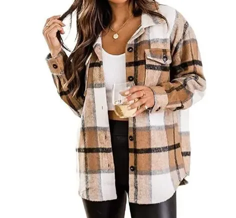 Women's Wool Blends Flannel Jacket Plaid Long Sleeved Woolen Shirt Women's Jacket 231013