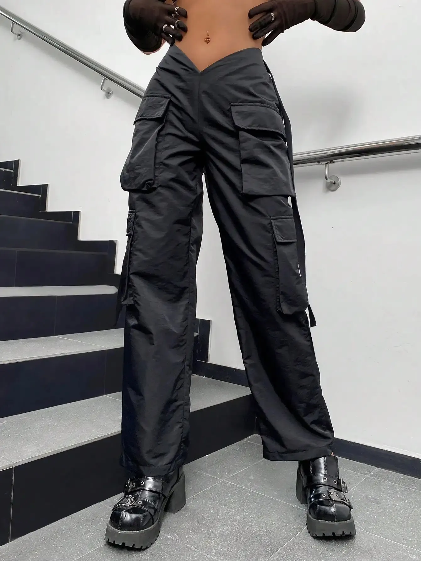 Men's Pants 2023 Women Fashion Cargo Street Vibes Tape Flap Pocket Side V Waist Solid Parachute Jogger Trousers Mujer 231013