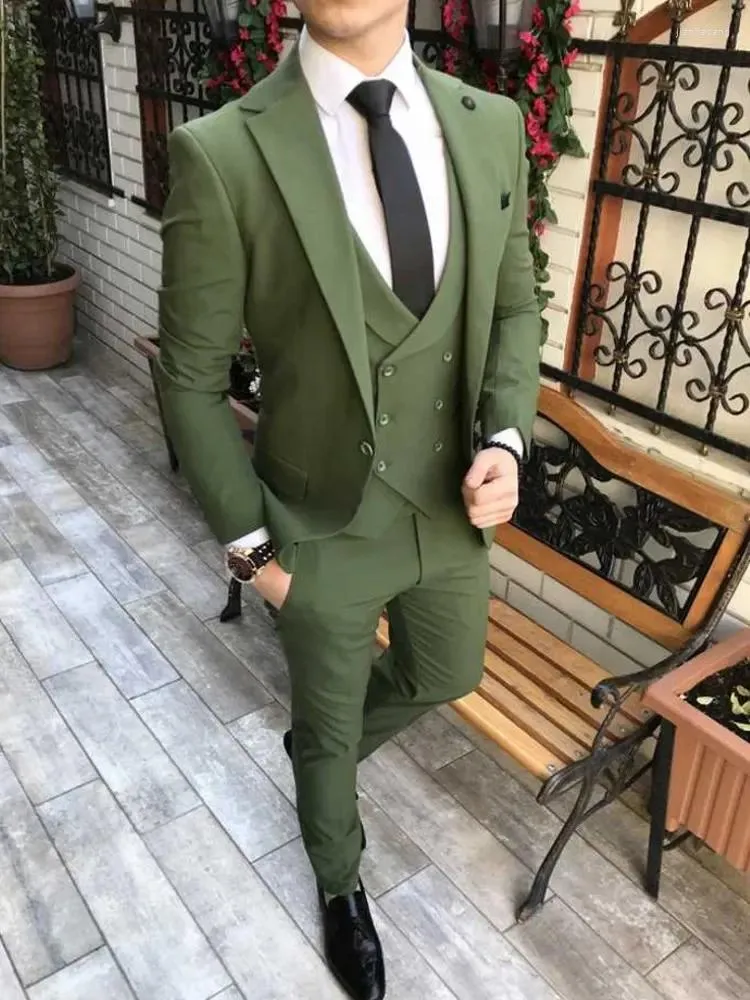 Herrdräkter Slim Fit Formal Men Olive Green Groom Tuxedos Notch Lapel Tuxedo For Wedding Man 3 Pieces (Jacket Pants Vest)