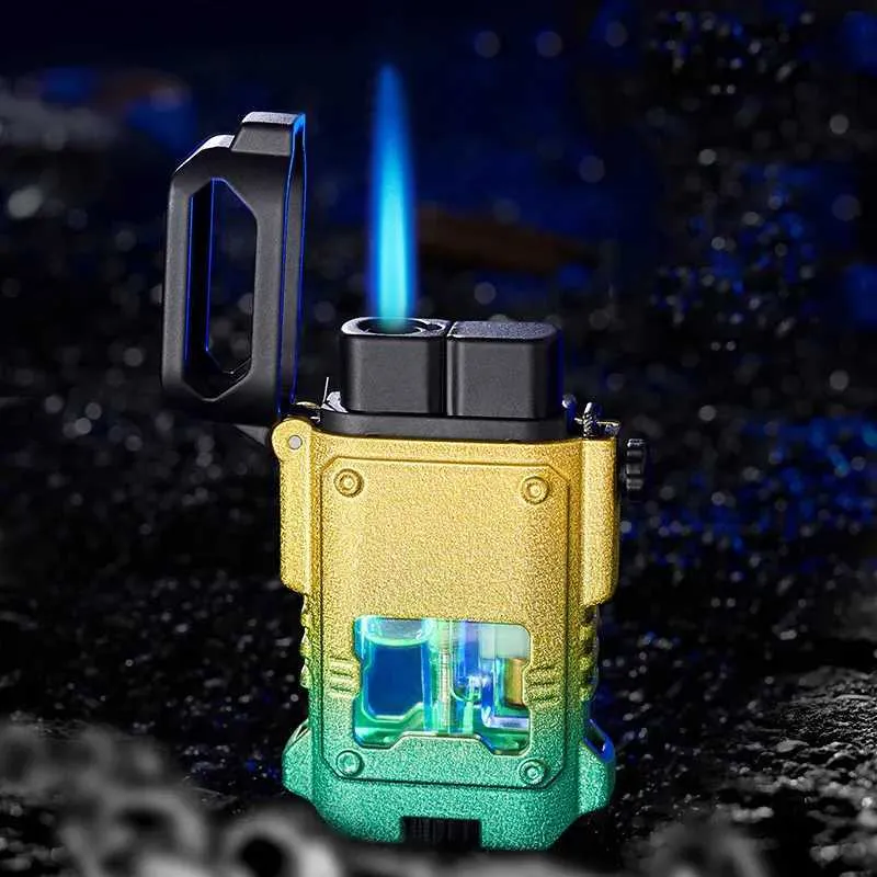 Tändare Creative Metal Outdoor Windproof Butane Turbine Torch Lighter Mechanical Design Blue Flame Jet Essential Gift for Men