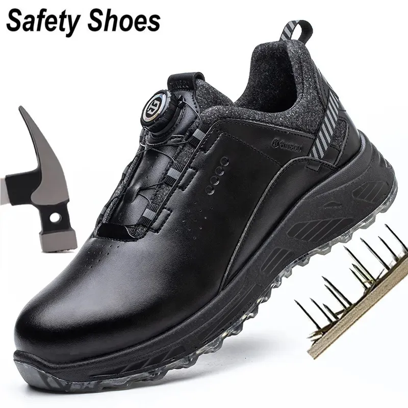 Stövlar Amawei Rotary Buckle Work Protective Shoes Leather Safety Shoes Puncture-Proof Anti-Smash Steel Toe Shoes Work Boots Män kvinnor 231012