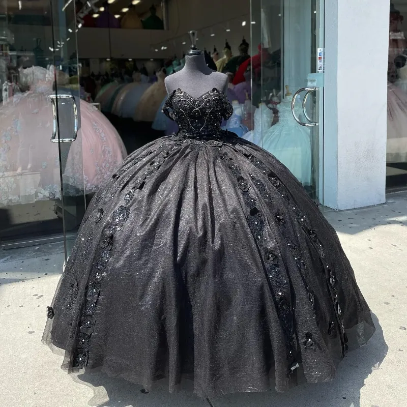 2024 Luxury Black Princess Quinceanera Dresses Beading Applices Flower Party Dress Tulle Elegent Sweet Vestido de 15 16 Anos