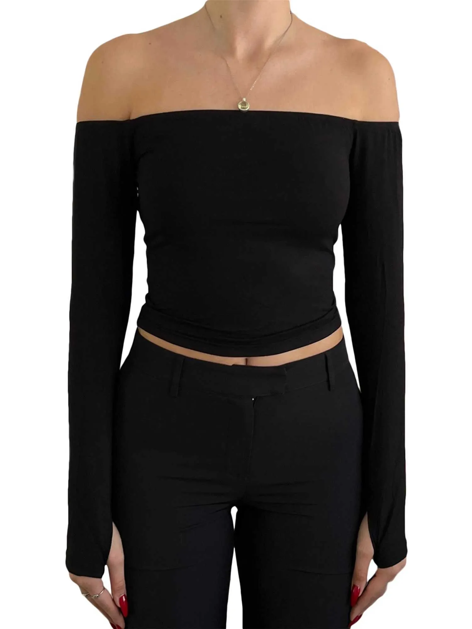 Damen TShirt YK Sexy Cutout Crop Top Langarm Off the Shoulder Schwarzes Hemd Figurbetonte Bluse Rückenfrei