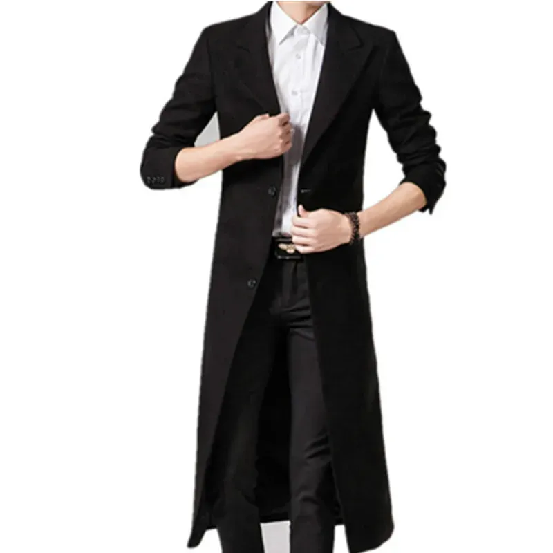 Misturas de lã masculina casacos outono inverno cor sólida alta qualidade longo preto luxuoso casaco masculino 231012