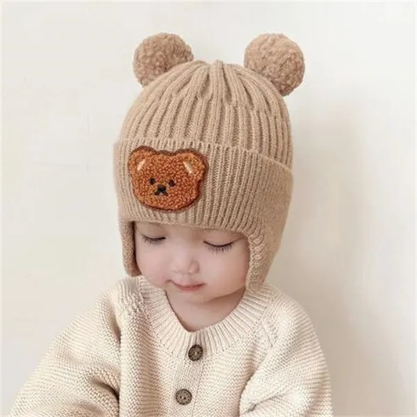 Vinter baby beanie cap tecknad björn öronskydd stickad hatt för småbarn pojkar flickor söta koreanska varma barn virkade hattar gorros gc2379