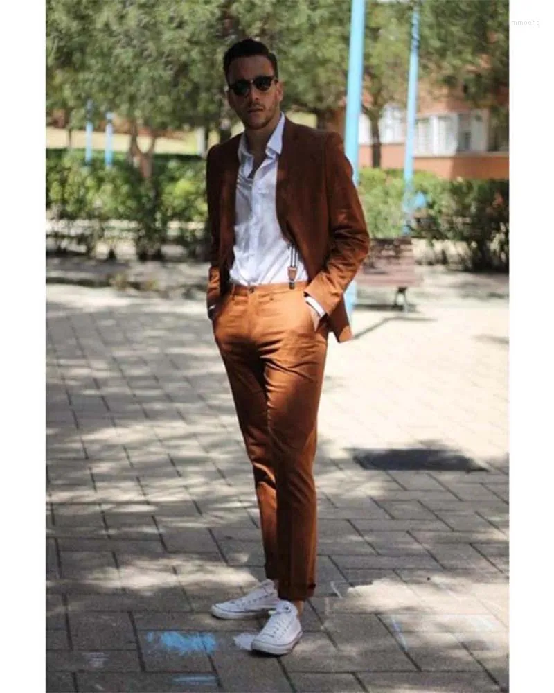 Men's Suits 2pcs Brown Summer Casual Beach Men Slim Fit Wedding Party Jacket Tuxedos Stylish Coat With Pants Man Blazer Trousers
