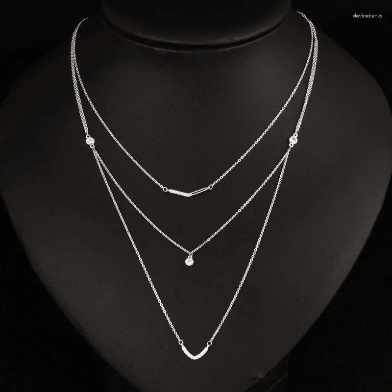 Pendanthalsband Sinleery V Form tre lager Kvinnor Halsband Silver Color Chain Tiny Round Inlay Crystal Jewelry XL153