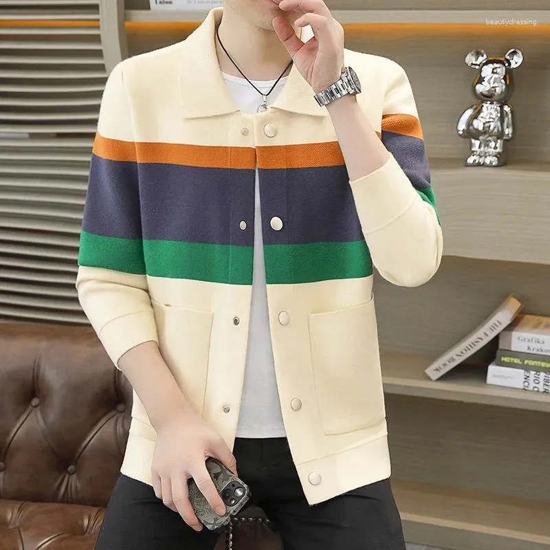 Men's Jackets Spring And Autumn Korean Style Men Patchwork Cardigan Sweater Turn-down Collar Jacket Casual Knitted Coats Male 6750