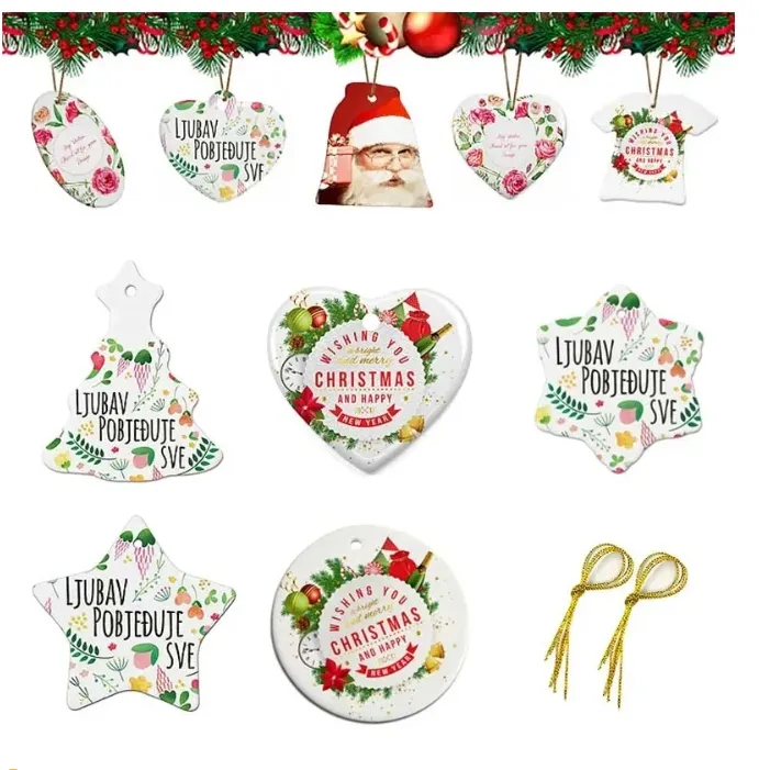 Branco brilhante personalizado em branco, impressão por sublimação de tinta, enfeites de natal de cerâmica, decorações pendentes de 3 "73mm