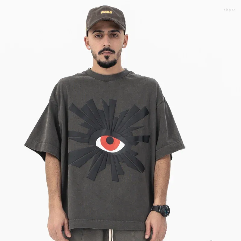 Men's T Shirts Washed Vintage Foam Flame Eye Print Shirt Men Women 1:1 Quality Gray Oversized T-shirt Top Tees