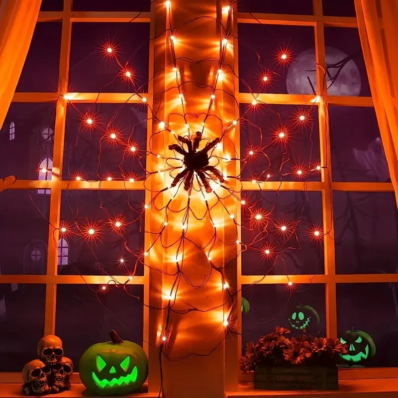 1pc luci ragnatela di Halloween, LED con luci di rete impermeabili ragno nero, telecomando, 8 modalità ragnatela decorazione di Halloween, per giardino interno esterno tema spaventoso