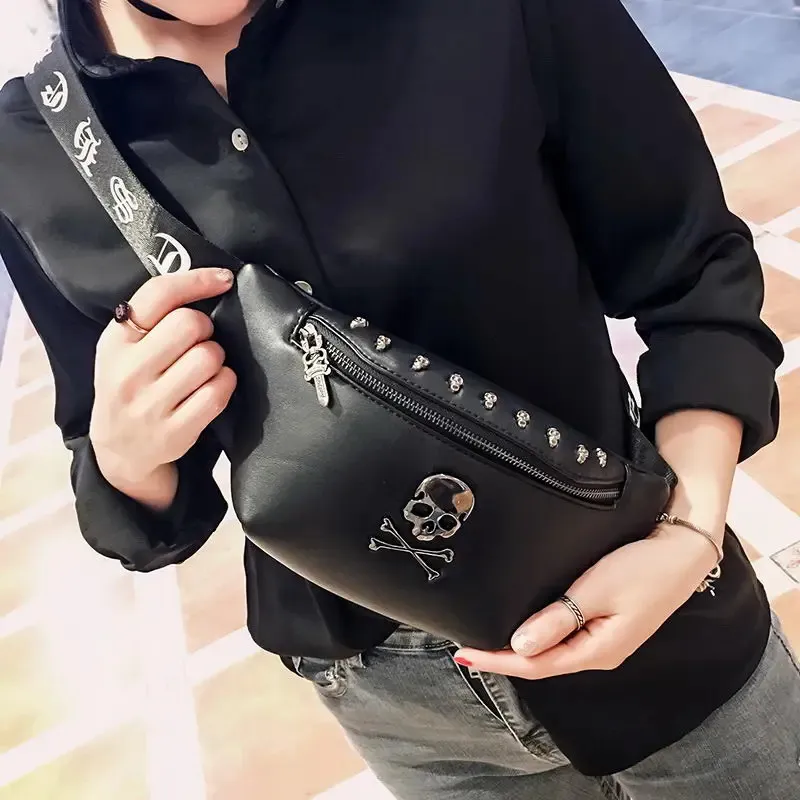 Waist Bags Mihaivin Rock Skull Unisex Belt Bag Rivet Chest Bag Luxury Waist Bag Women Banana Bag Punk Black Fanny Pack Leather Men Bum Bags 231012