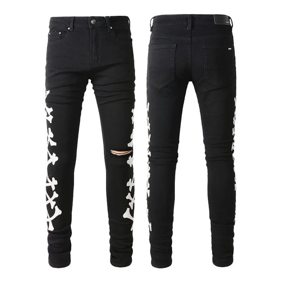 Designer Skinny Black Jeans for Mens Man Pants Rip Denim Biker Grey Paint Distress Pant Embroider Slim Fit Stretch Motorcycle Bone266q