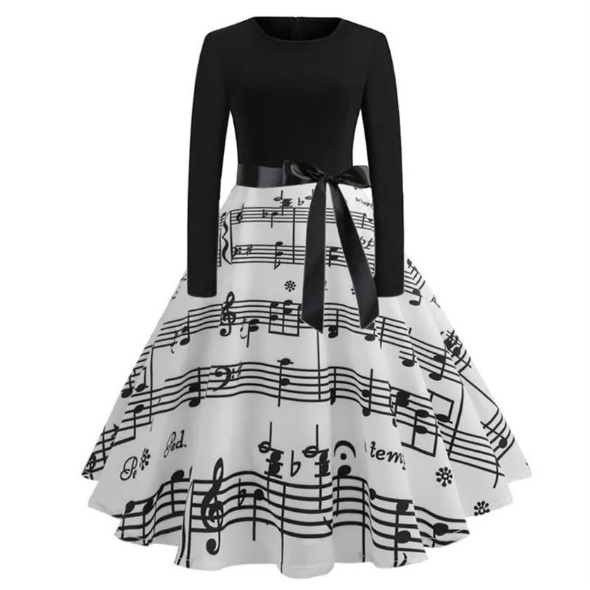 Casual Dresses Vintage Music Note Skriv ut lång ärm för kvinnor retro elegant en linje hög midja midi klänning med skärmar vestido de mu220y