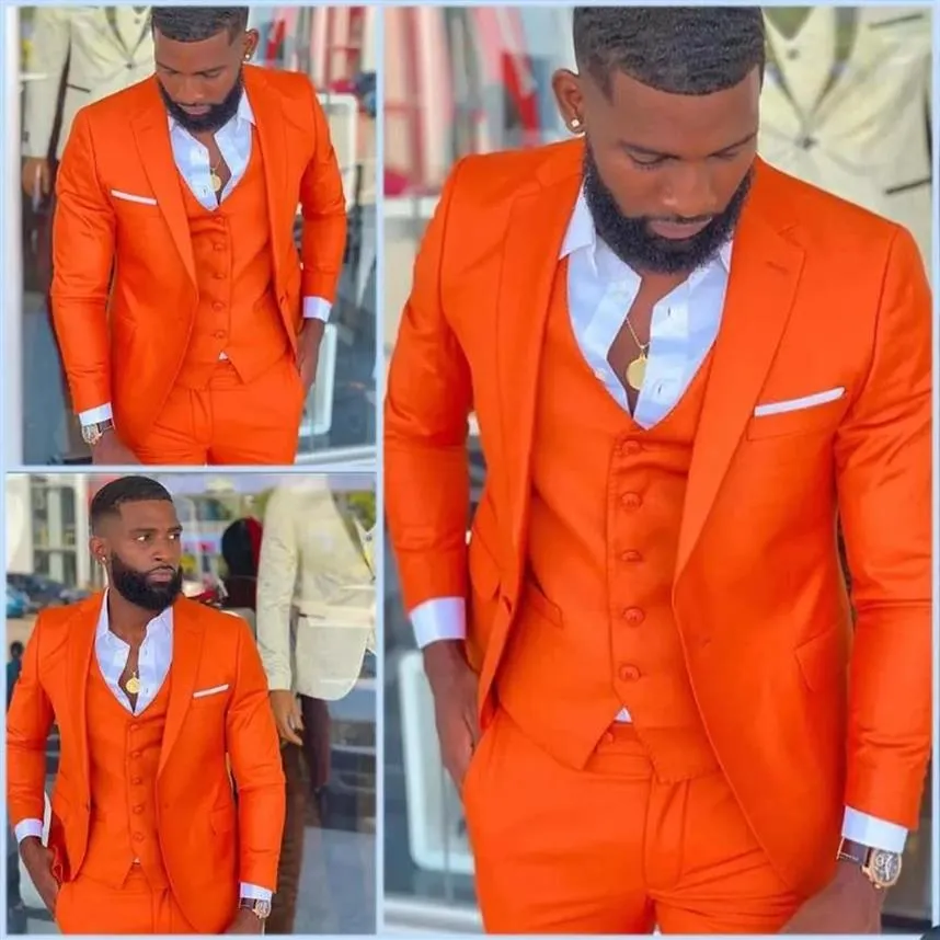 Costume à revers Orange vif pour Homme, 3 pièces, Tuxedos de mariage, coupe cintrée, Blazer de bal pour marié, Hombre Terno Masculino215P