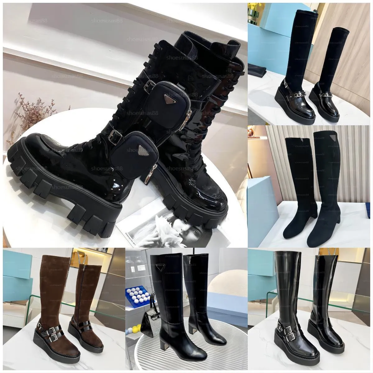 Designer Boot Women Brushed Leather Re-Nylon Boots Pouch Luxury Top-Quality Winter Snow Booties Motorcycle Boots Shoes