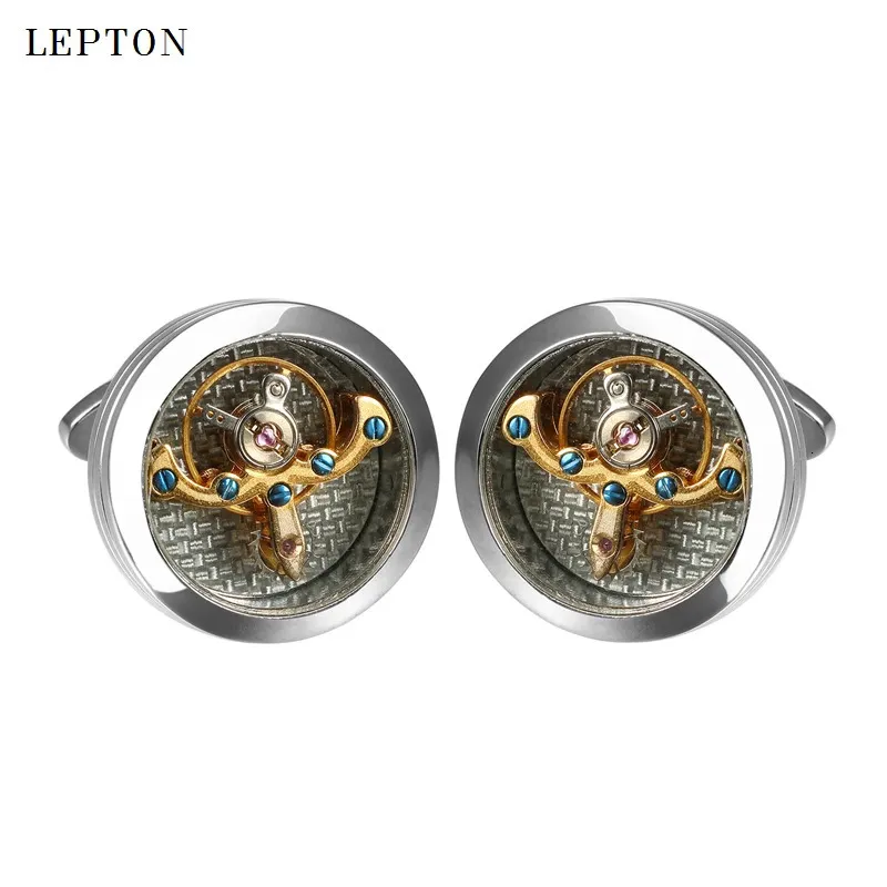 Abotoaduras de alta qualidade Abotoaduras douradas para homens Casamento Noivo Lepton Movimento Steampunk Gear Cuff Links Relojes Gemelos 231012