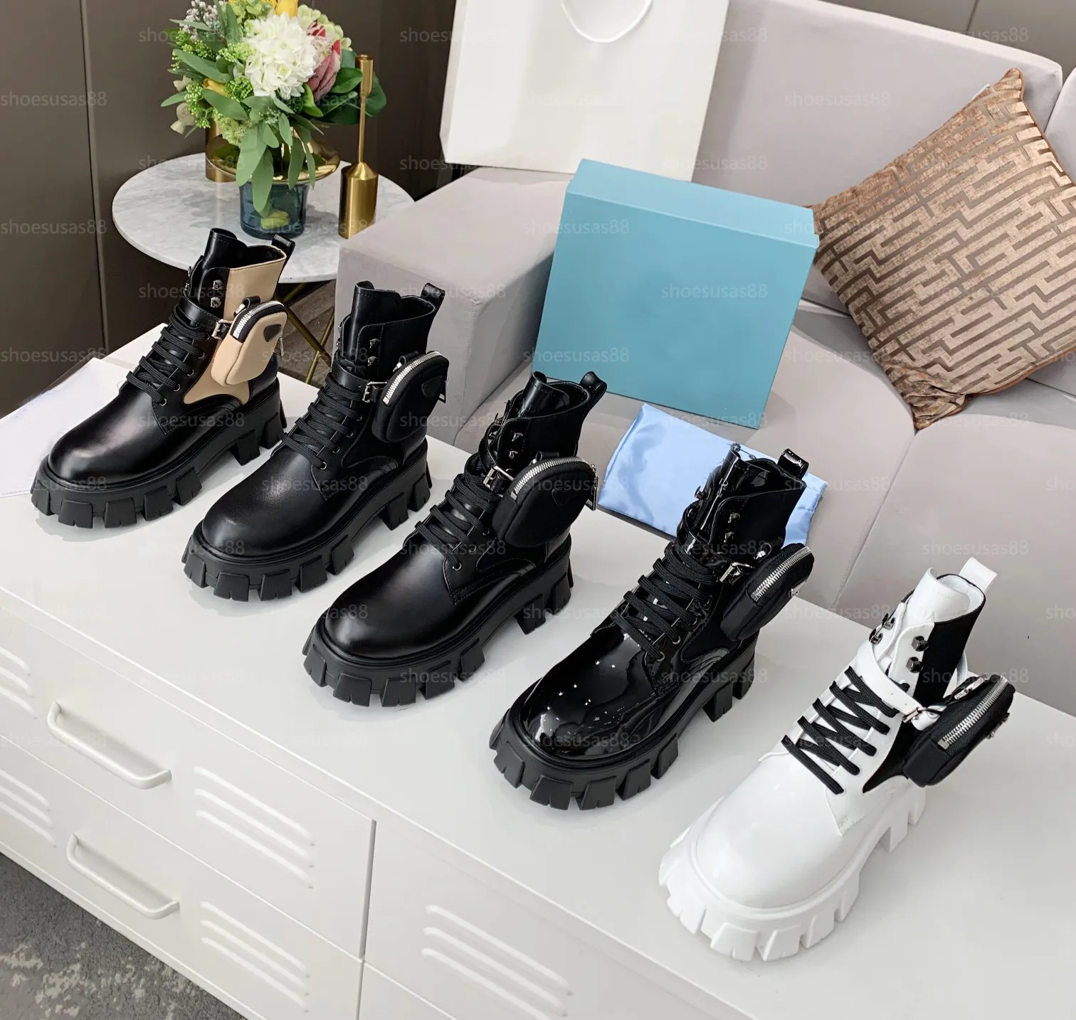 Designer Boot Dames Monolith Leer Re-Nylon Laarzen Zakje Luxe Topkwaliteit Winter Sneeuwlaarzen Motor Enkellaarzen Schoenen