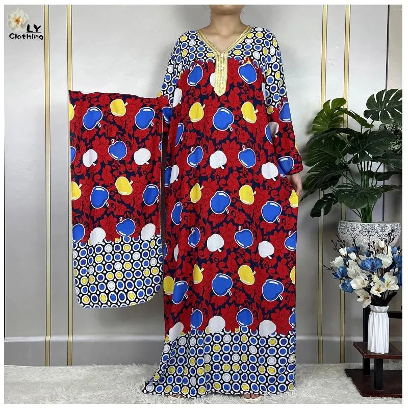 Ethnic Clothing 2023 African Abaya Fashion Long Sleeve Muslim Islam Robe Cotton Printing Floral Lady Summer Maxi Casual Dress With Headscarf