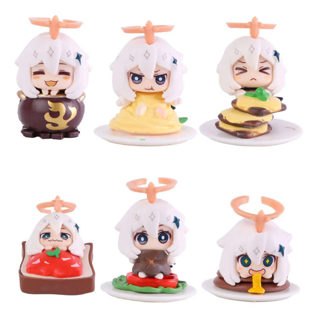 Mascot Costumes 6pcs/set 4cm Anime Figure Q Version Game Genshin Impact Paimon Not Emergency Food Theme Model Dolls Toy Gift Collect Box