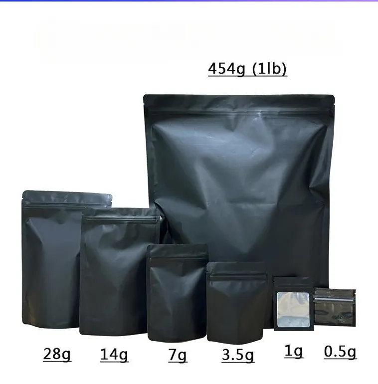 blank Mylar Bag Matte Black Back Off Front Aluminiowy olej 3,5 7G14G 28G 1LB Niestandardowy logo marki drukowania