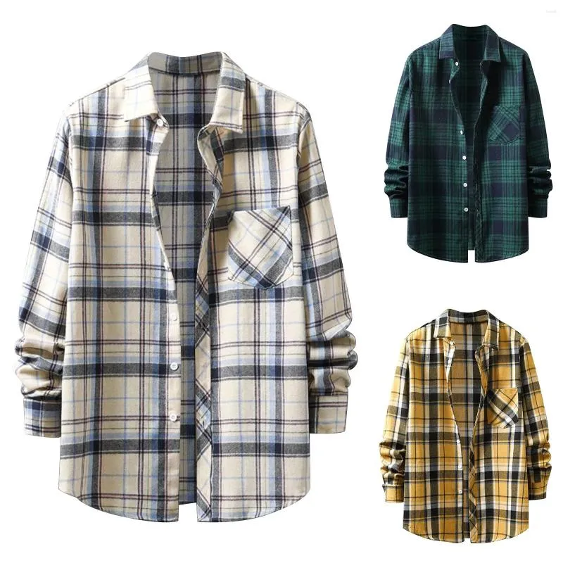 Camisetas para hombres Pimp Hombres Botón Romper Plaid Camisa de manga larga Marca de moda Moda Solapa suelta Color Tejido 2