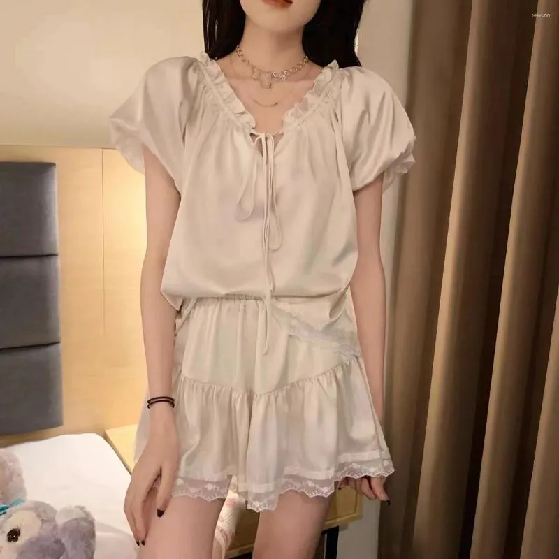 Women's Sleepwear Lisacmvpnel Ice Silk Pajamas Bubble Sleeves Lace Edge Short Sleeved Shorts Court Style Home Clothes