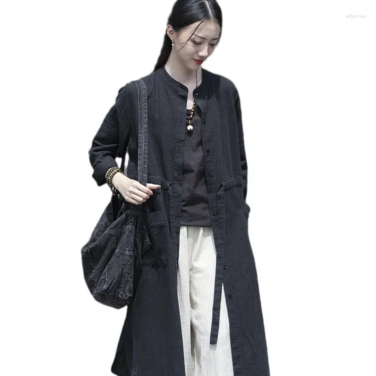 Mulheres Trench Coats Outono Algodão Linho Draw String Windbreaker Mid-Length Retro Solto Manga Comprida Cardigans Feminino Casaco Casual Casaco