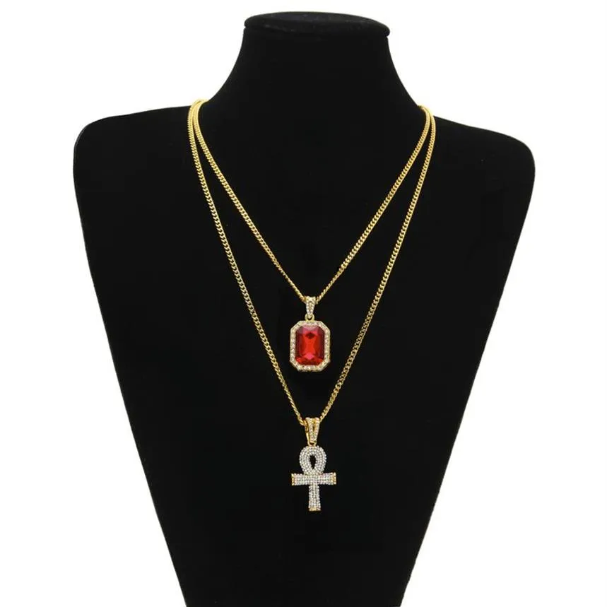 Hiphop smycken egyptisk stor ankh nyckelhänge halsband sätter mini fyrkantig rubin safir med cross charm kubansk länk för mens fash284z