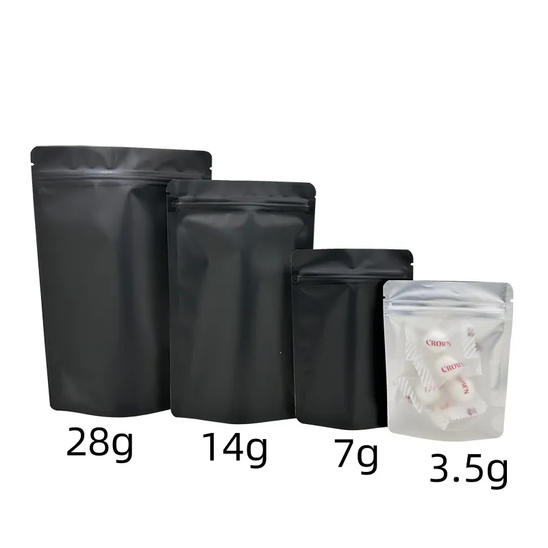 Blank Mylar Bag 매트 블랙 백 전면 전면 알루미늄 오일 3.5 7G14G 28G 1LB 지퍼 재실리 가능한 팩 사용자 정의 인쇄 브랜드 로고