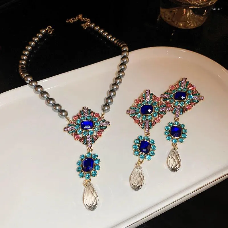 Hänghalsband Minar Hyperbole Colorful Rhinestones Crystal Square Rhombus Water Drop Tassel For Women Imitation Pearl Choker