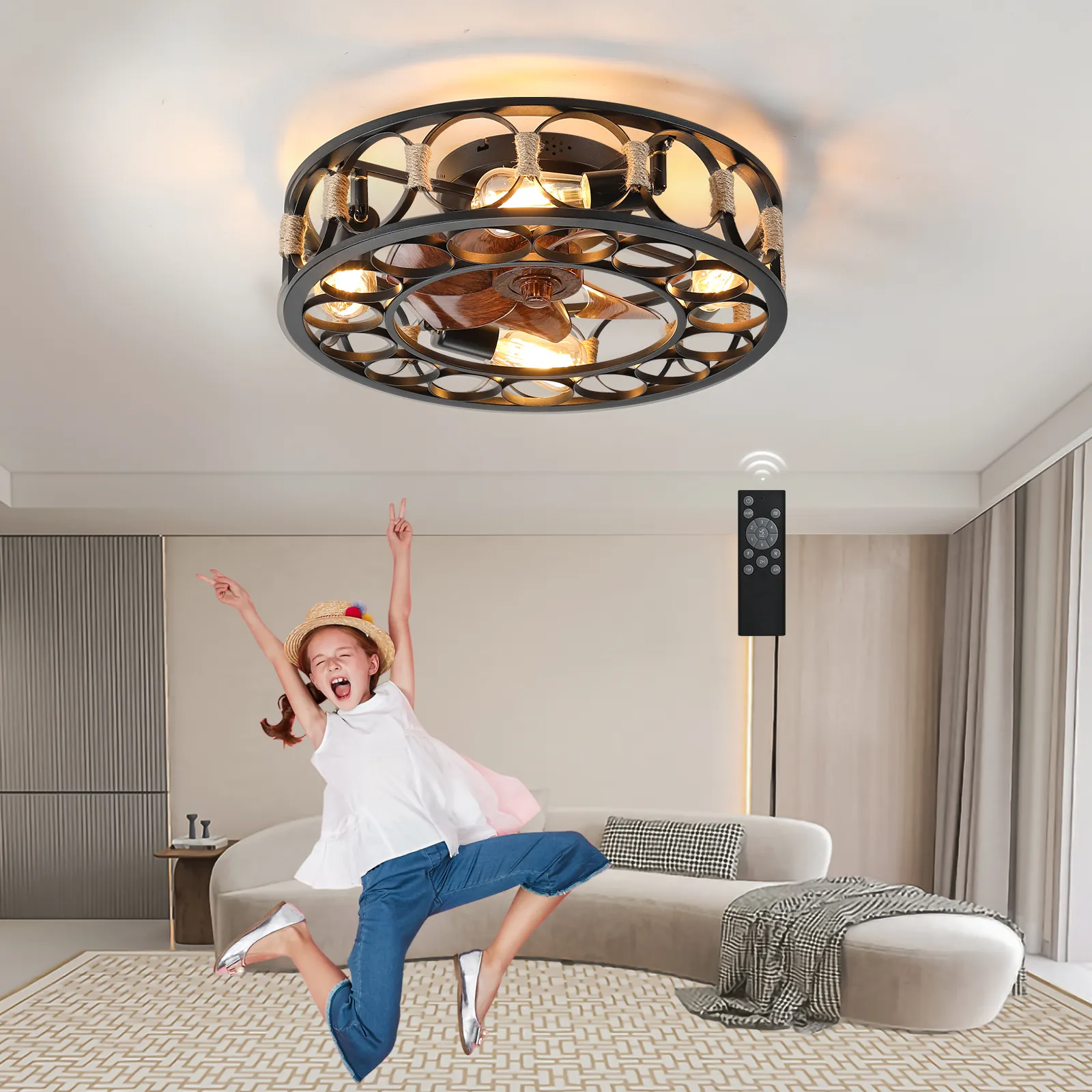 52\" Farmhouse Ceiling Fans With Lights, Caged Ceiling Fan With...
