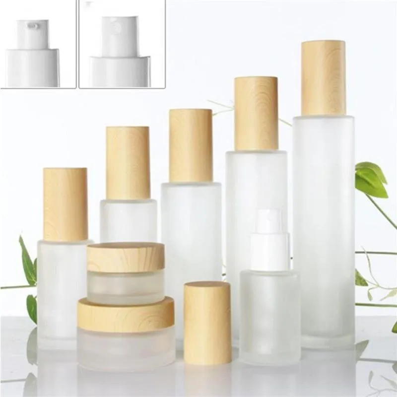 30 ml 40 ml 60 ml 80 ml 100 ml 120 ml Matglas Zalfpotje met Plastic Geïmiteerd Houten Deksel Make-up Lotion Pot Spray Pomp Fles Cjpvn